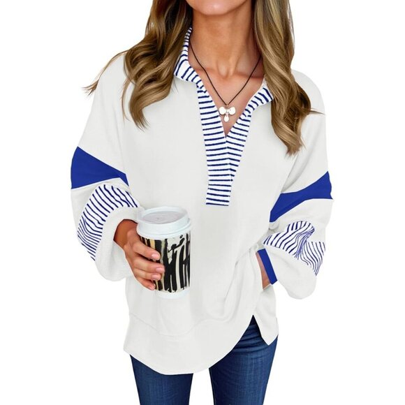 Sweaters - Women's Oversized Color Block Sweatshirt Cotton Polyester V Neck Casual